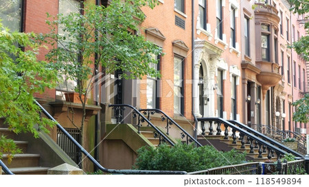 New York City townhouse building, Brooklyn Heights residential brownstone house architecture in USA. New York City townhouse building, Brooklyn Heights residential brownstone house architecture in USA. 118549894