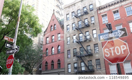New York City building architecture. Urban residential house exterior. Real estate. Red brick facade 118549895