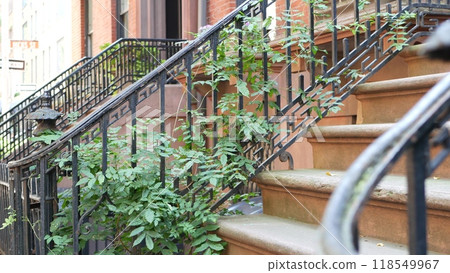 New York City townhouse building, Brooklyn Heights residential brownstone house architecture in USA. 118549967