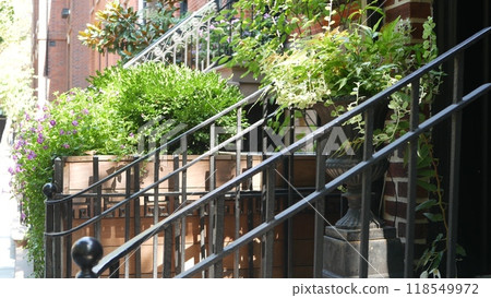 New York City townhouse building, Brooklyn Heights residential brownstone house architecture in USA. 118549972