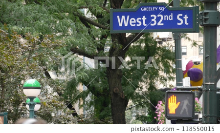 New York City crossroad, street intersection road sign. Manhattan Broadway, Herald Square, Midtown. New York City crossroad, street intersection road sign. Manhattan Broadway, Herald Square, Midtown. 118550015