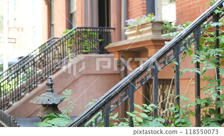 New York City townhouse building, Brooklyn Heights residential brownstone house architecture in USA. 118550073