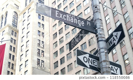 New York Manhattan Downtown Financial District, USA. American Wall street. Stock Exchange. Road sign 118550086