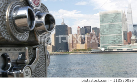 New York City waterfront skyline, Manhattan Midtown riverfront skyscrapers. Cityscape from Queens. 118550089