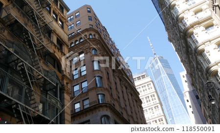 New York City Manhattan, Downtown Financial District. NYC World Trade Center from Fulton street, USA New York City Manhattan, Downtown Financial District. NYC World Trade Center from Fulton street, USA 118550091