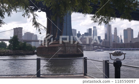New York City Manhattan Bridge lookout, tower viewer binoculars, waterfront Brooklyn, Dumbo, USA. New York City Manhattan Bridge lookout, tower viewer binoculars, waterfront Brooklyn, Dumbo, USA. 118550097