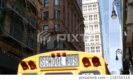 Yellow School Bus. Schoolbus on Fulton street, New York City Manhattan Downtown. Children education. Yellow School Bus. Schoolbus on Fulton street, New York City Manhattan Downtown. Children education. 118550118