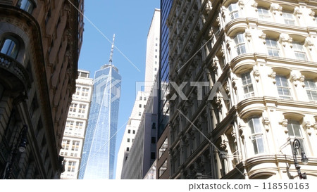 New York City Manhattan, Downtown Financial District. NYC World Trade Center from Fulton street, USA 118550163