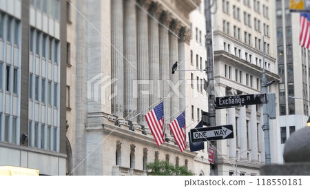 New York Manhattan Downtown Financial District, USA. American Wall street. Stock Exchange. Road sign New York Manhattan Downtown Financial District, USA. American Wall street. Stock Exchange. Road sign 118550181
