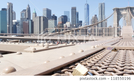 Brooklyn Bridge to Manhattan downtown. New York City skyline cityscape. World Trade Center, USA. 118550196