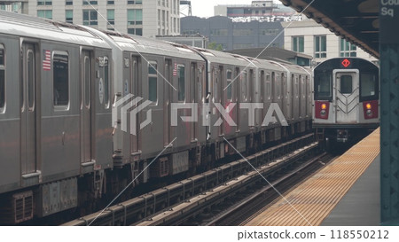 New York subway station. Metro train on metropolitan platform, United states public transportation. 118550212