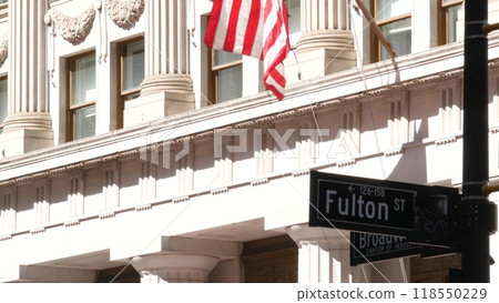 New York City crossroad, Fulton street road sign. Manhattan, Broadway, downtown financial district. 118550229