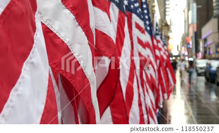 New York, american flags. Manhattan midtown city street patriotism. People, Broadway, Times Square. 118550237