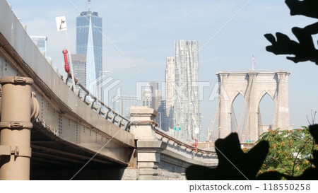 Brooklyn Bridge to Manhattan downtown. New York City skyline cityscape. World Trade Center, USA. 118550258