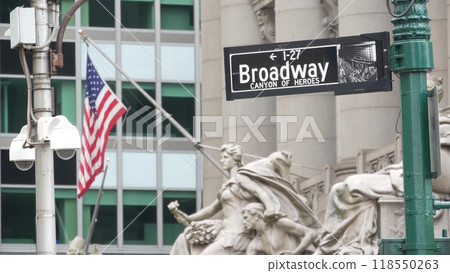 Broadway street road sign, Manhattan architecture, New York City. Traffic signage of street name. 118550263