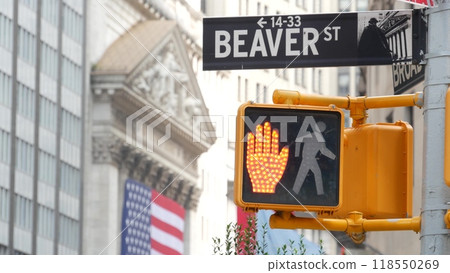 New York Manhattan Downtown Financial District, USA. American Wall street. Stock Exchange. Road sign New York Manhattan Downtown Financial District, USA. American Wall street. Stock Exchange. Road sign 118550269