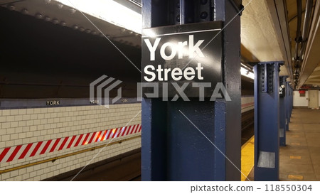 New York subway station, underground metropolitan platform sign. Metro railway passenger transport. New York subway station, underground metropolitan platform sign. Metro railway passenger transport. 118550304