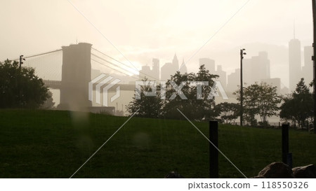 Brooklyn Bridge, Dumbo, rainy foggy day. New York City Manhattan downtown skyline. World Trade Center 118550326
