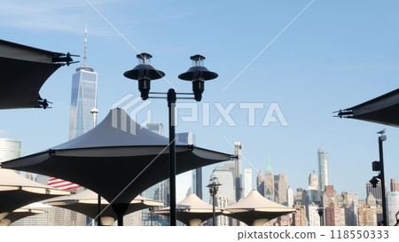 New York City waterfront skyline, Manhattan Downtown Financial district, World Trade Center cityscape 118550333