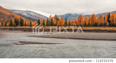 Quiet, calm autumn river. Dark atmospheric panoramic view Quiet, calm autumn river. Dark atmospheric panoramic view 118550376