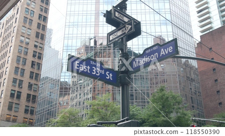 New York City crossroad, Madison avenue, street intersection road sign. Manhattan Midtown district. 118550390