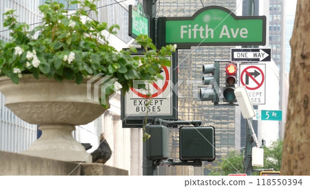 Fifth avenue, 5 ave road sign, Manhattan midtown architecture, New York City 5th av street corner. 118550394