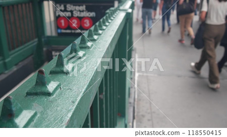 New York subway sign, underground metro station. Metropolitan entrance fence, 34 street Penn Station 118550415