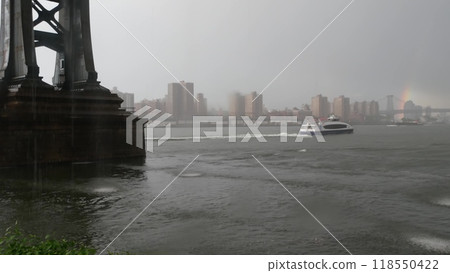 Rainy New York City under Manhattan Bridge, Brooklyn. Rainbow, Williamsburg bridge view from Dumbo. 118550422