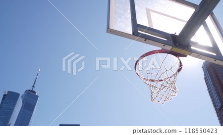 New York City World Trade Center, Manhattan Downtown Financial district, USA. Basketball sport court New York City World Trade Center, Manhattan Downtown Financial district, USA. Basketball sport court 118550423