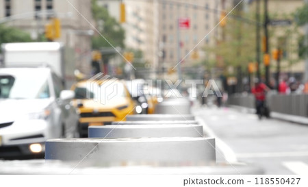 New York City Manhattan Downtown Financial District Church street. Yellow taxi, people. Defocused. 118550427