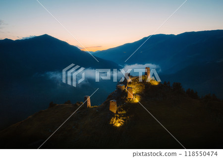 The Upper Omalo village and the fortress Keselo. Travel to the Georgia. Caucasus 118550474