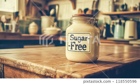 Sugar free jar sitting on rustic kitchen table Sugar free jar sitting on rustic kitchen table 118550596