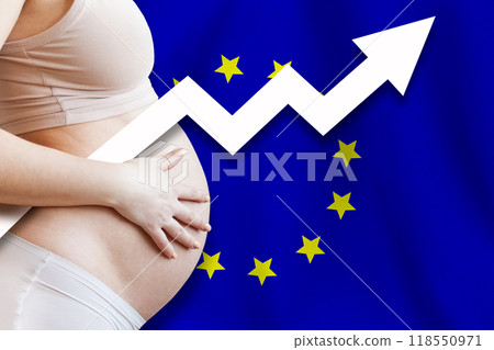 EU increasing birth rate. Demographics and pregnancy in European Union concept. EU increasing birth rate. Demographics and pregnancy in European Union concept. 118550971