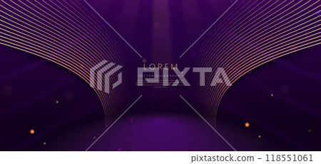 Luxury curved golden lines on dark purple background with lighting effect copy space for text. Luxury curved golden lines on dark purple background with lighting effect copy space for text. 118551061