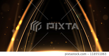 Abstract glowing gold lighting curve lines on dark background with lighting effect and sparkle with copy space for text. Abstract glowing gold lighting curve lines on dark background with lighting effect and sparkle with copy space for text. 118551063