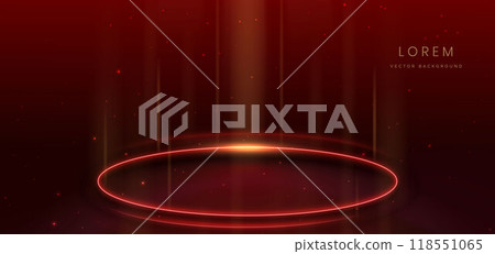 Glowing neon red circular lines on dark red background with lighting effect and sparkle with copy space for text. Glowing neon red circular lines on dark red background with lighting effect and sparkle with copy space for text. 118551065