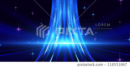 Scence futuristic glowing blue neon light ray with speed motion moving on dark blue background. Scence futuristic glowing blue neon light ray with speed motion moving on dark blue background. 118551067