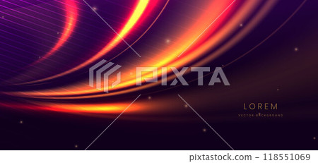 Abstract elegant glowing orange curve line lighting effect on dark purple background. Hi-speed motion moving concept. Abstract elegant glowing orange curve line lighting effect on dark purple background. Hi-speed motion moving concept. 118551069
