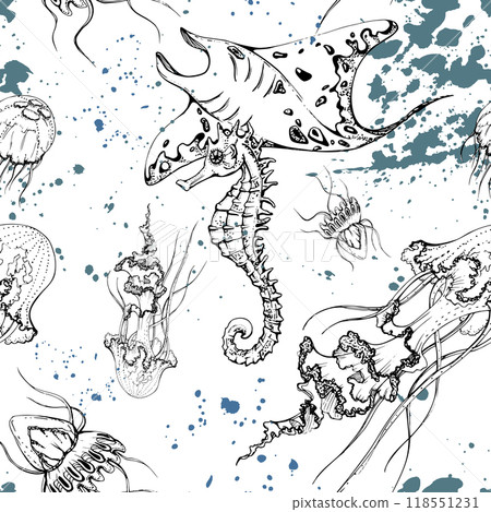 Marine life, sea ocean underwater creatures fish, shells algae seaweed, Ink and pen sketch hand drawn. Seamless pattern illustration, stylized, isolated on white. Zoo shop, aquarium, cosmetics, resort 118551231