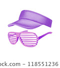 80s, 90s style trendy shutter glasses and sun visor in bright acid purple colors for theme parties, retro posters. Three-dimensional illustration in watercolor technique isolated on white background 118551236