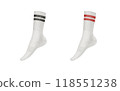 Set of two sports socks white welted mid-length with two red and black stripes on the elastic band. Isolated illustration on a white background for your sports-themed projects 118551238