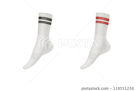 Set of two sports socks white welted mid-length with two red and black stripes on the elastic band. Isolated illustration on a white background for your sports-themed projects 118551238
