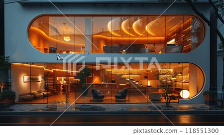 A glass logo displayed on a contemporary storefront. 118551300