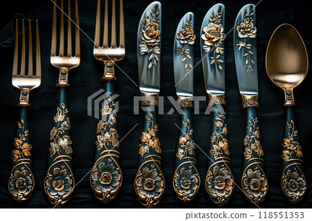 A cutlery set with a floral design on the handles. 118551353
