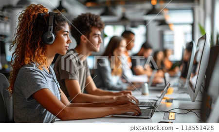 A diverse team collaborating on a project in an open office. A diverse team collaborating on a project in an open office. 118551428