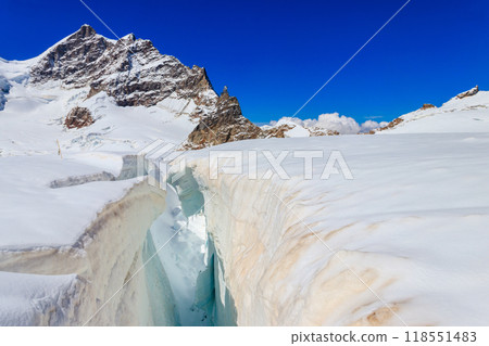 Crevasse nearby Jungfraujoch in Bernese Oberland, Switzerland Crevasse nearby Jungfraujoch in Bernese Oberland, Switzerland 118551483