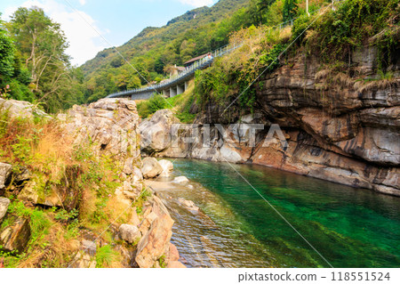View of the Verzasca river in Lavertezzo, Verzasca Valley, Ticino Canton, Switzerland 118551524
