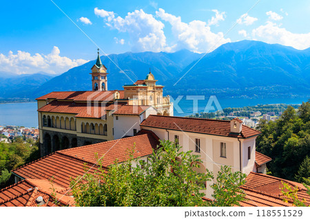 View of Madonna del Sasso monastery and lake Maggiore at Locarno, Switzerland View of Madonna del Sasso monastery and lake Maggiore at Locarno, Switzerland 118551529