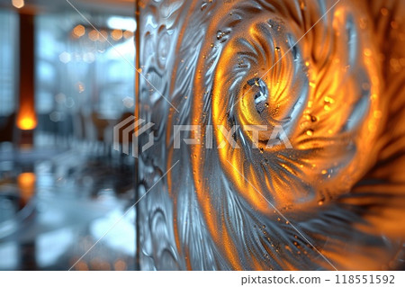 A close-up of a glass logo on a frosted glass surface A close-up of a glass logo on a frosted glass surface 118551592