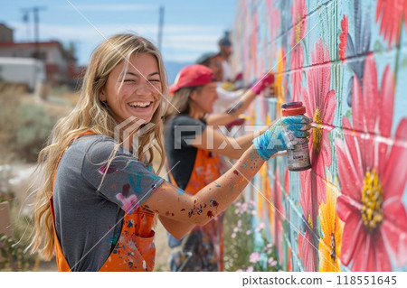 Community members painting a mural together. 118551645